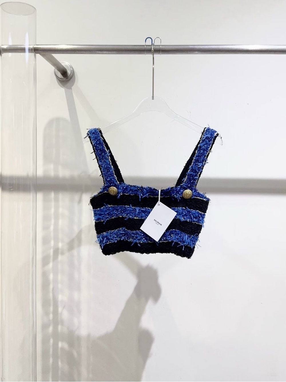 Balmain Blue and Black Tweed Cropped Tank with Gold Buttons